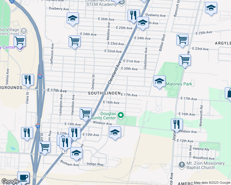 map of restaurants, bars, coffee shops, grocery stores, and more near 1248 East 17th Avenue in Columbus