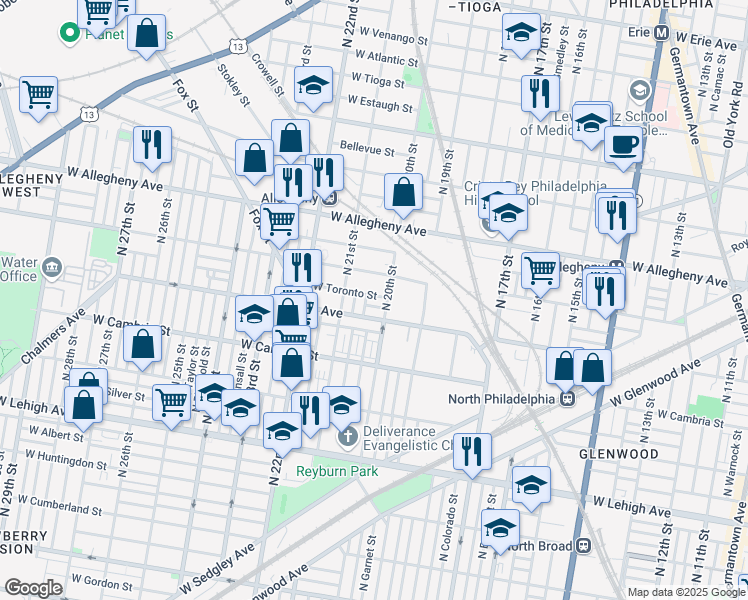 map of restaurants, bars, coffee shops, grocery stores, and more near 2020 West Toronto Street in Philadelphia