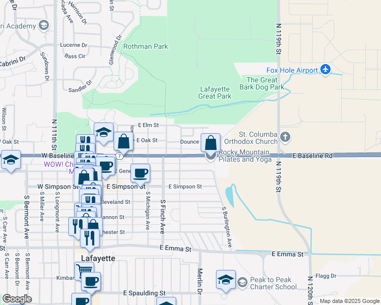 map of restaurants, bars, coffee shops, grocery stores, and more near 707 East Baseline Road in Lafayette