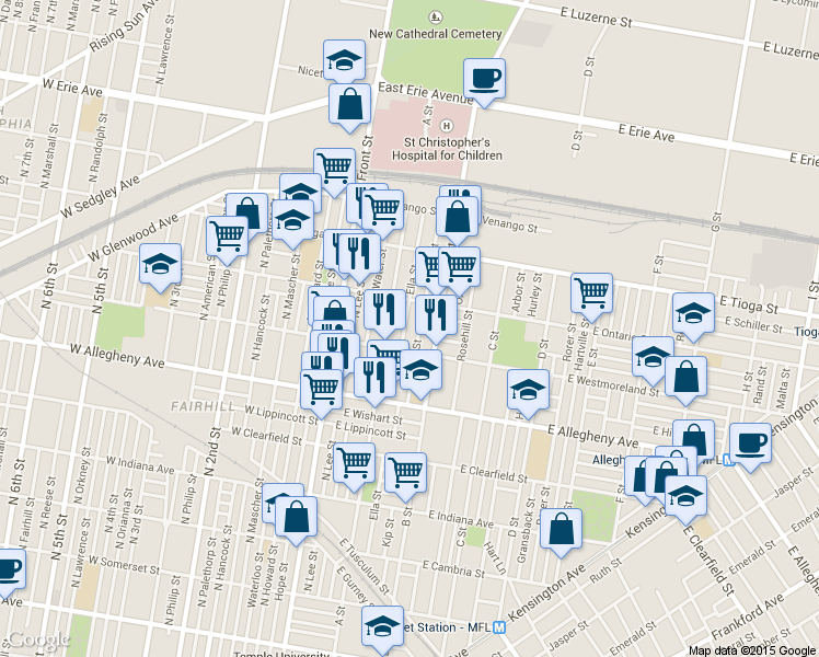 map of restaurants, bars, coffee shops, grocery stores, and more near 3325 Ella St in Philadelphia