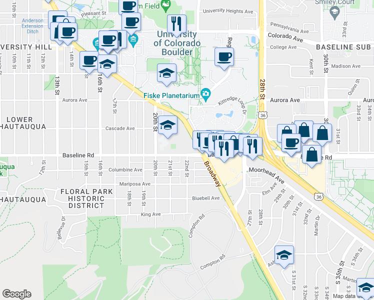map of restaurants, bars, coffee shops, grocery stores, and more near 2141 Baseline Road in Boulder