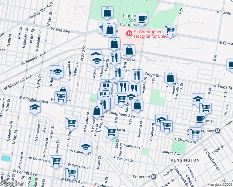 map of restaurants, bars, coffee shops, grocery stores, and more near 3315 North Water Street in Philadelphia