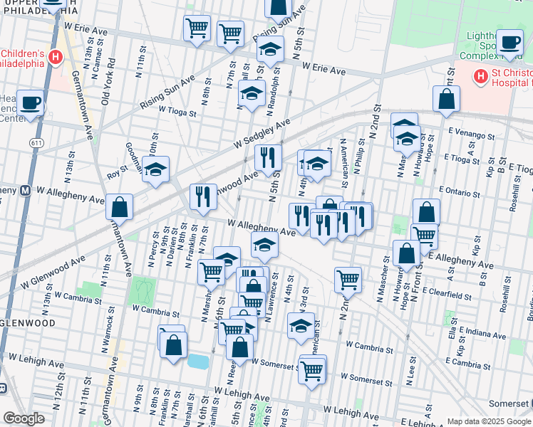 map of restaurants, bars, coffee shops, grocery stores, and more near 3222 North 5th Street in Philadelphia