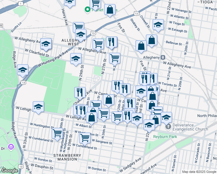 map of restaurants, bars, coffee shops, grocery stores, and more near 2937 North Taney Street in Philadelphia