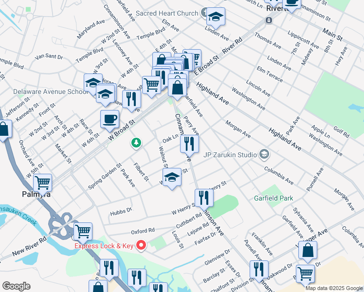 map of restaurants, bars, coffee shops, grocery stores, and more near 2 Memorial Avenue in Palmyra