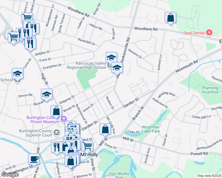 map of restaurants, bars, coffee shops, grocery stores, and more near 348 Broad Street in Mount Holly