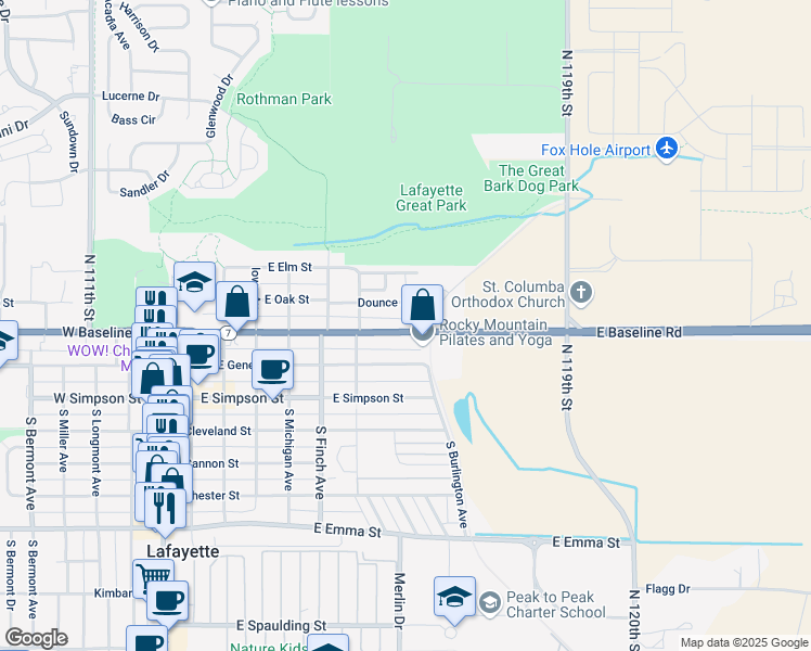 map of restaurants, bars, coffee shops, grocery stores, and more near 811 East Baseline Road in Lafayette