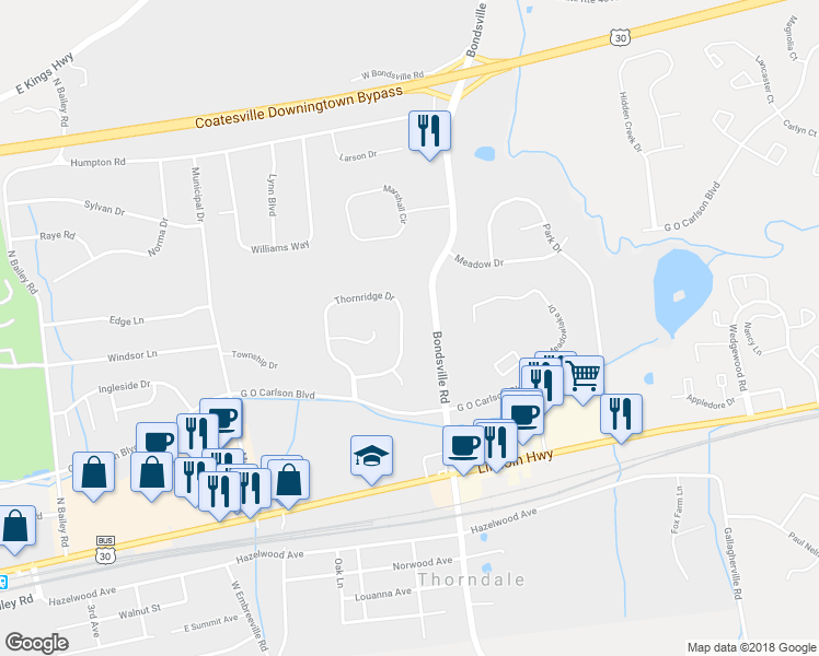 map of restaurants, bars, coffee shops, grocery stores, and more near 214 Thornridge Drive in Thorndale