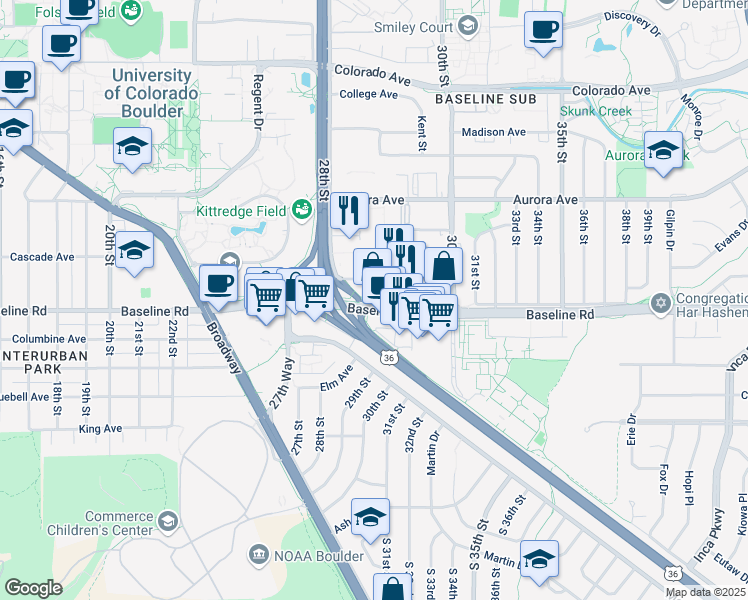 map of restaurants, bars, coffee shops, grocery stores, and more near 2877 Baseline Road in Boulder