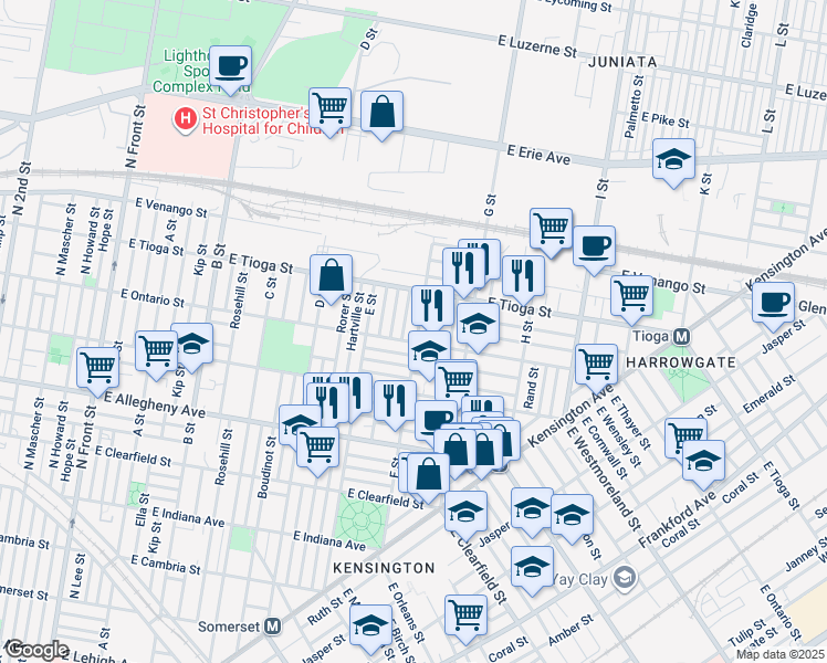 map of restaurants, bars, coffee shops, grocery stores, and more near 3412 F Street in Philadelphia
