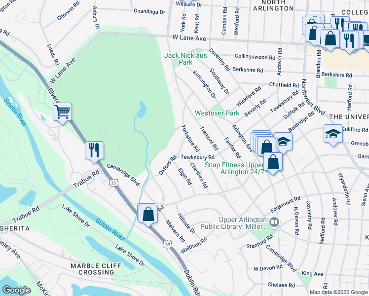 map of restaurants, bars, coffee shops, grocery stores, and more near 2236 Oxford Road in Columbus
