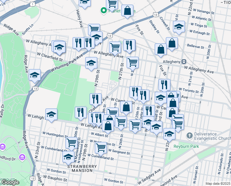 map of restaurants, bars, coffee shops, grocery stores, and more near 2927 North Marston Street in Philadelphia