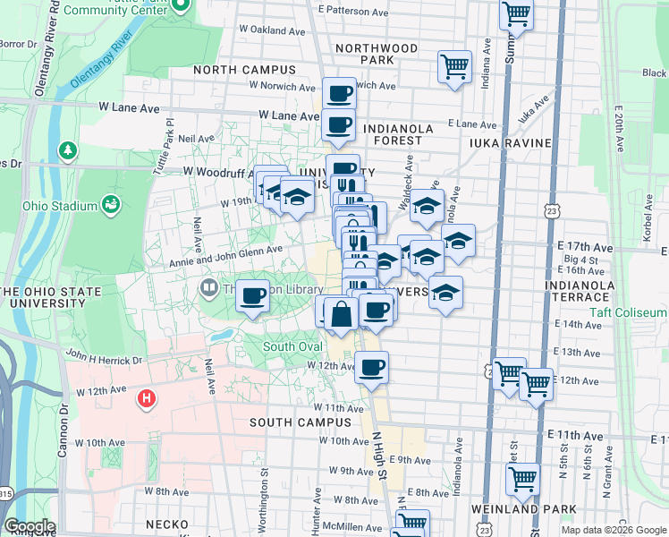 map of restaurants, bars, coffee shops, grocery stores, and more near 1871 North High Street in Columbus