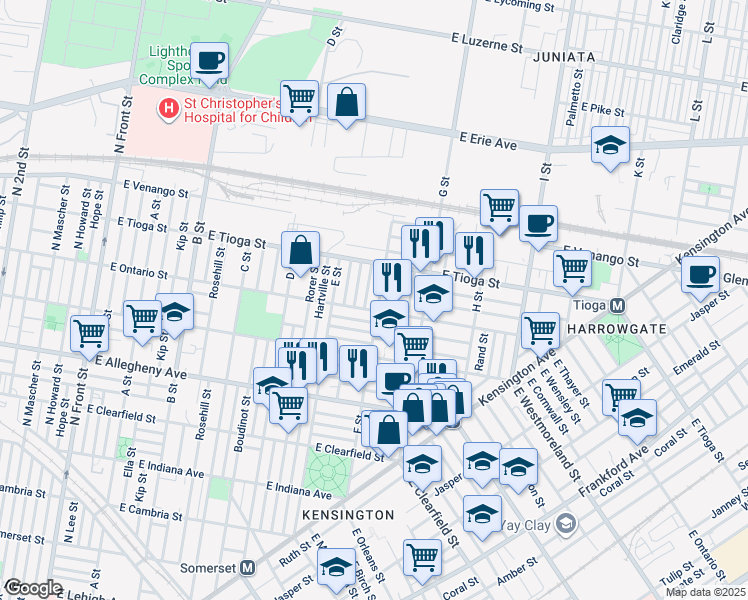 map of restaurants, bars, coffee shops, grocery stores, and more near 3412 F Street in Philadelphia