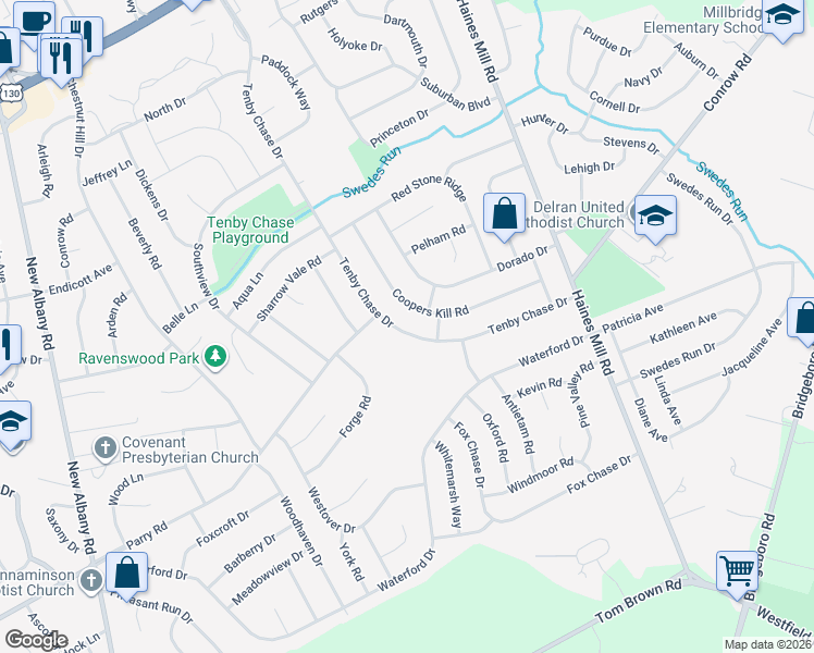 map of restaurants, bars, coffee shops, grocery stores, and more near 292 Tenby Chase Drive in Delran