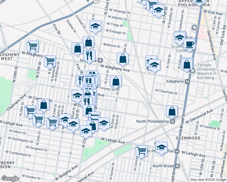 map of restaurants, bars, coffee shops, grocery stores, and more near 2020 West Toronto Street in Philadelphia