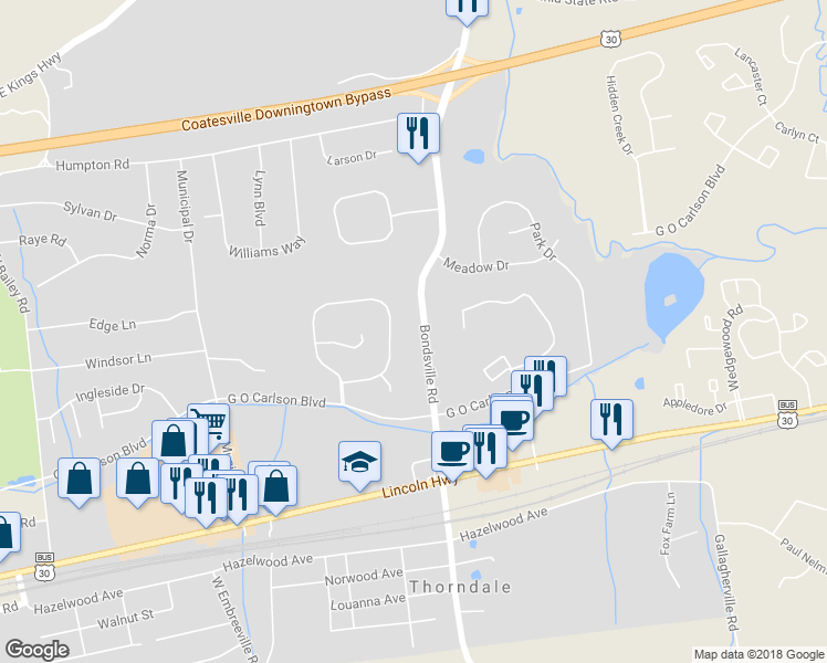 map of restaurants, bars, coffee shops, grocery stores, and more near 120B Bondsville Road in Downingtown