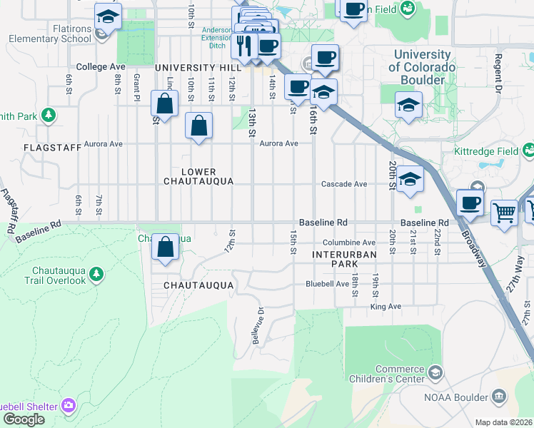 map of restaurants, bars, coffee shops, grocery stores, and more near 720 13th Street in Boulder