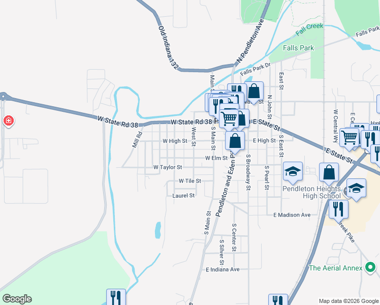 map of restaurants, bars, coffee shops, grocery stores, and more near 218 West St in Pendleton