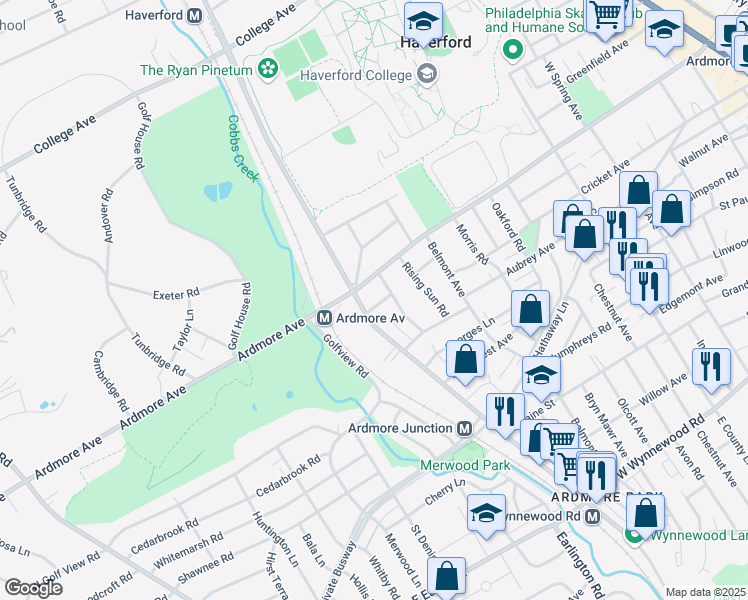 map of restaurants, bars, coffee shops, grocery stores, and more near 606 Hazelwood Avenue in Ardmore