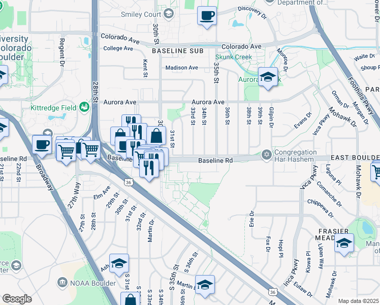 map of restaurants, bars, coffee shops, grocery stores, and more near 705 33rd Street in Boulder