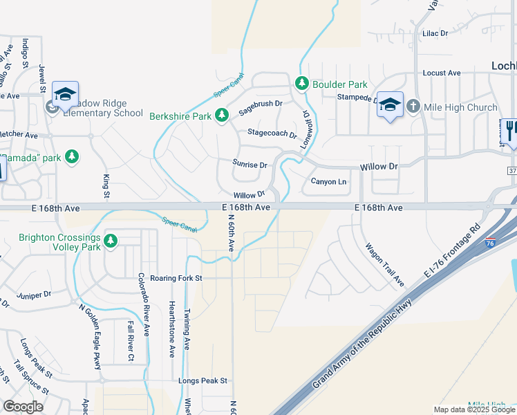 map of restaurants, bars, coffee shops, grocery stores, and more near 21740 East 168th Avenue in Lochbuie