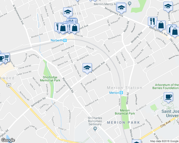 map of restaurants, bars, coffee shops, grocery stores, and more near 615 South Bowman Avenue in Merion Station