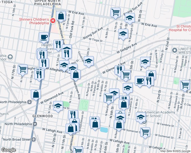 map of restaurants, bars, coffee shops, grocery stores, and more near 913 West Indiana Street in Philadelphia