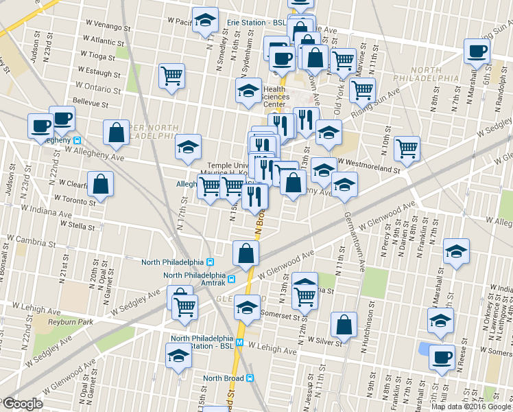 map of restaurants, bars, coffee shops, grocery stores, and more near 3114 North Broad Street in Philadelphia