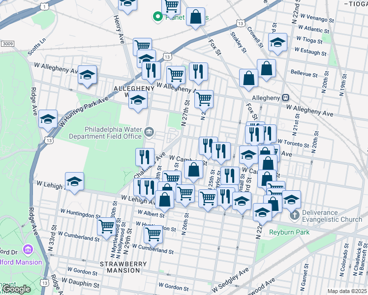 map of restaurants, bars, coffee shops, grocery stores, and more near 2934 North Taney Street in Philadelphia