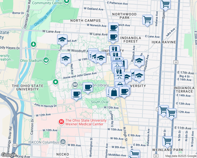 map of restaurants, bars, coffee shops, grocery stores, and more near 108 North Oval Mall in Columbus