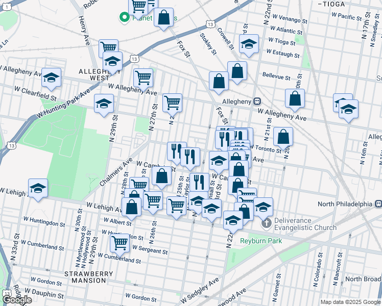 map of restaurants, bars, coffee shops, grocery stores, and more near 2958 North Taylor Street in Philadelphia