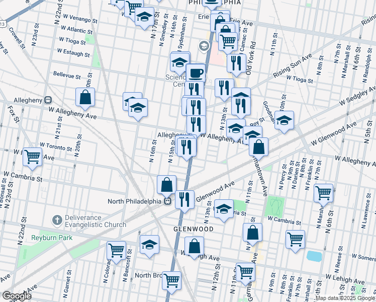 map of restaurants, bars, coffee shops, grocery stores, and more near 3114 North Broad Street in Philadelphia