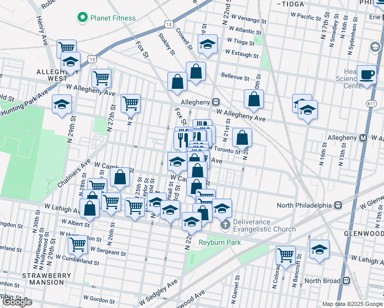 map of restaurants, bars, coffee shops, grocery stores, and more near 2223 West Indiana Avenue in Philadelphia