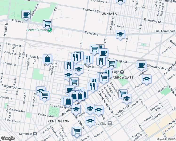 map of restaurants, bars, coffee shops, grocery stores, and more near 3434 H Street in Philadelphia