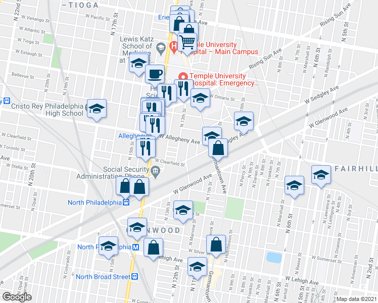 map of restaurants, bars, coffee shops, grocery stores, and more near 3137 North Camac Street in Philadelphia
