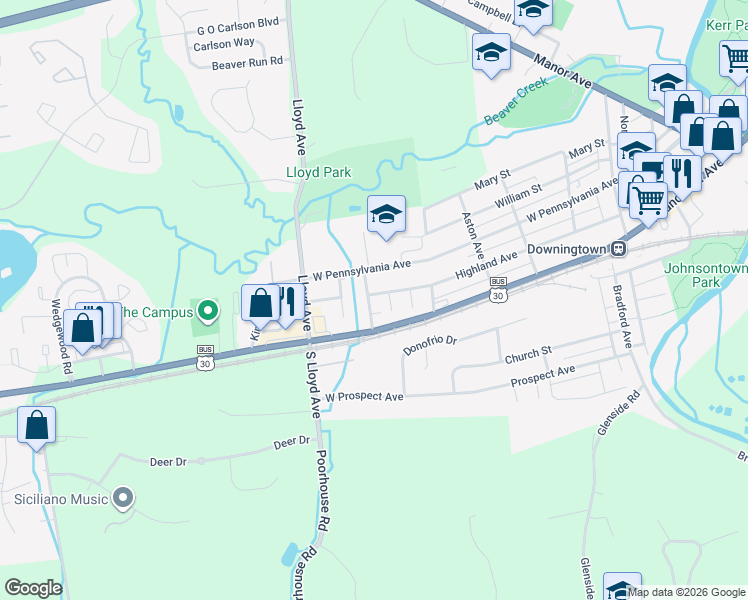 map of restaurants, bars, coffee shops, grocery stores, and more near 620 Highland Avenue in Downingtown