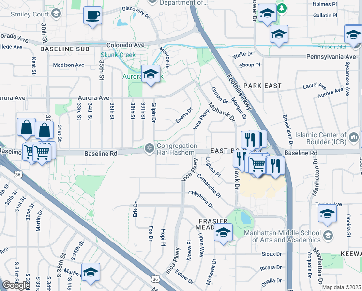 map of restaurants, bars, coffee shops, grocery stores, and more near 4140 Hunt Court in Boulder