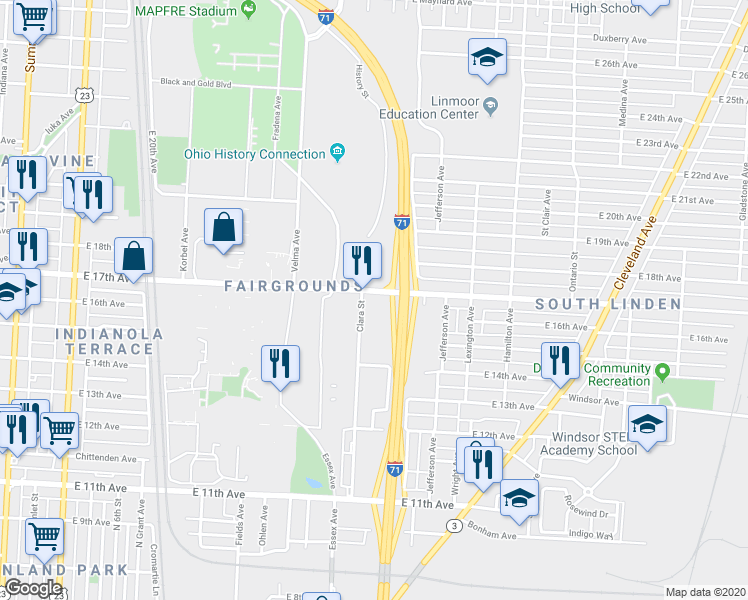map of restaurants, bars, coffee shops, grocery stores, and more near 821 East 17th Avenue in Columbus