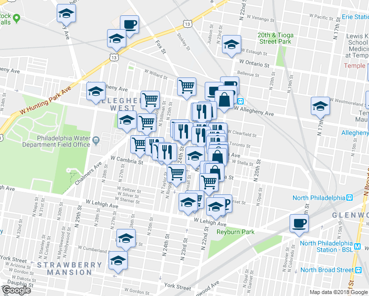 map of restaurants, bars, coffee shops, grocery stores, and more near 2953 North 24th Street in Philadelphia