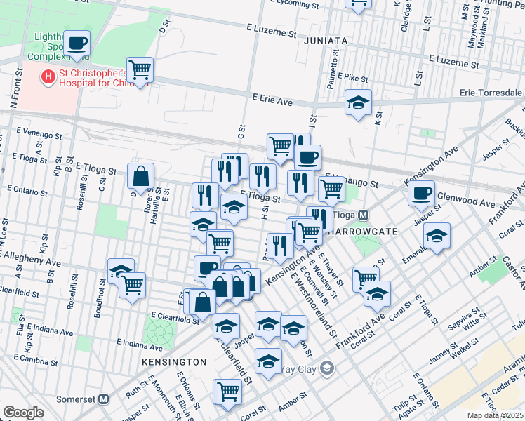 map of restaurants, bars, coffee shops, grocery stores, and more near 3434 H Street in Philadelphia