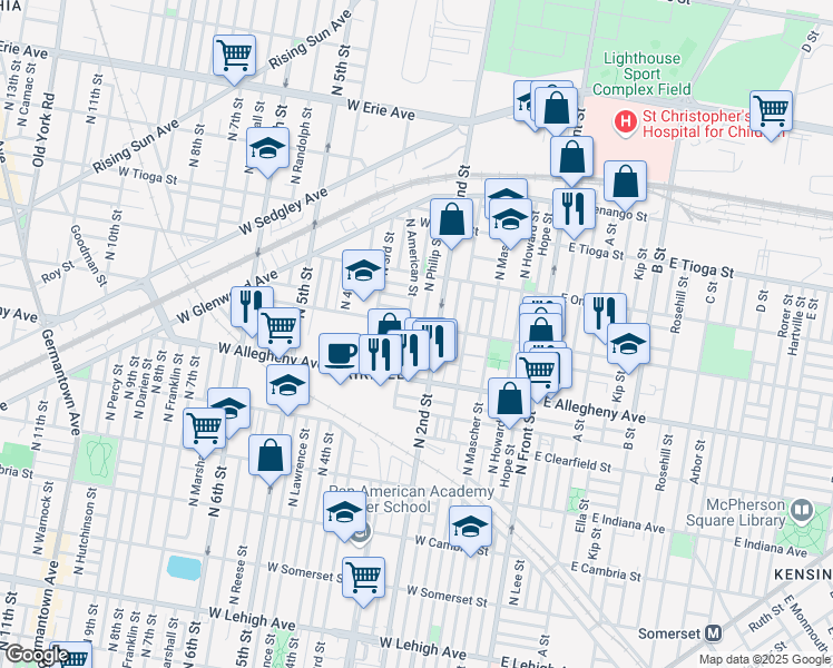 map of restaurants, bars, coffee shops, grocery stores, and more near 3256 North Philip Street in Philadelphia