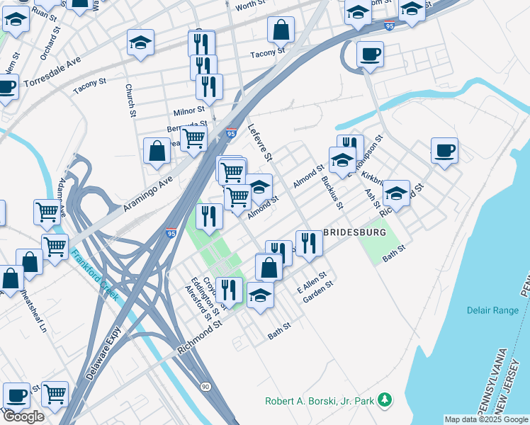 map of restaurants, bars, coffee shops, grocery stores, and more near 4445 Almond Street in Philadelphia