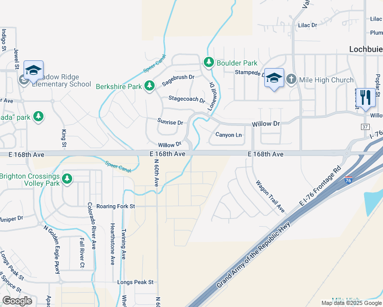 map of restaurants, bars, coffee shops, grocery stores, and more near 21754 East 168th Avenue in Lochbuie