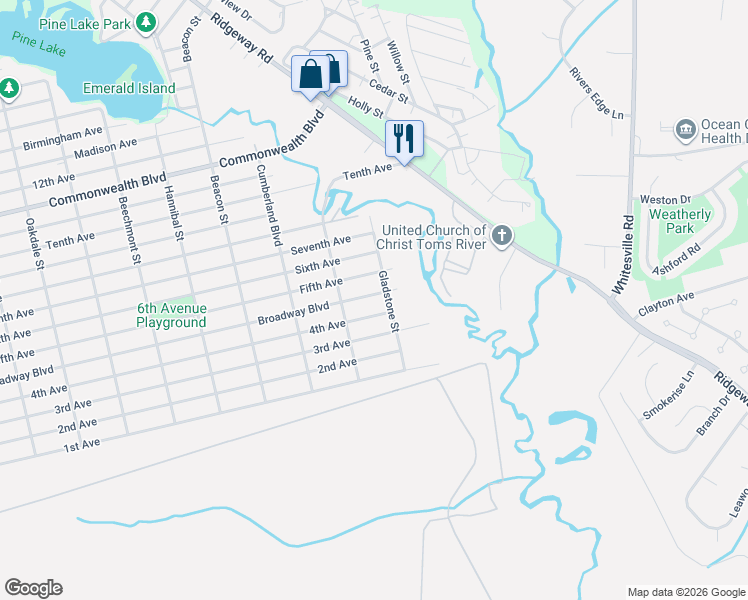map of restaurants, bars, coffee shops, grocery stores, and more near 2128 Broadway Boulevard in Toms River