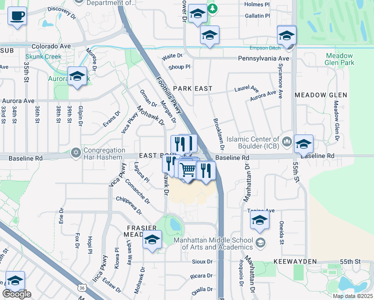 map of restaurants, bars, coffee shops, grocery stores, and more near 4805 Baseline Road in Boulder