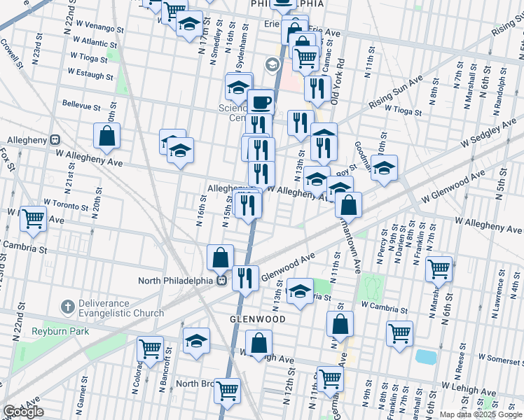 map of restaurants, bars, coffee shops, grocery stores, and more near 3117 North Broad Street in Philadelphia