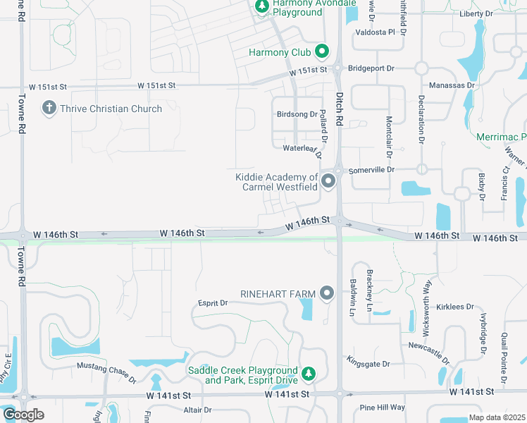 map of restaurants, bars, coffee shops, grocery stores, and more near 1698 South Waterleaf Drive in Westfield
