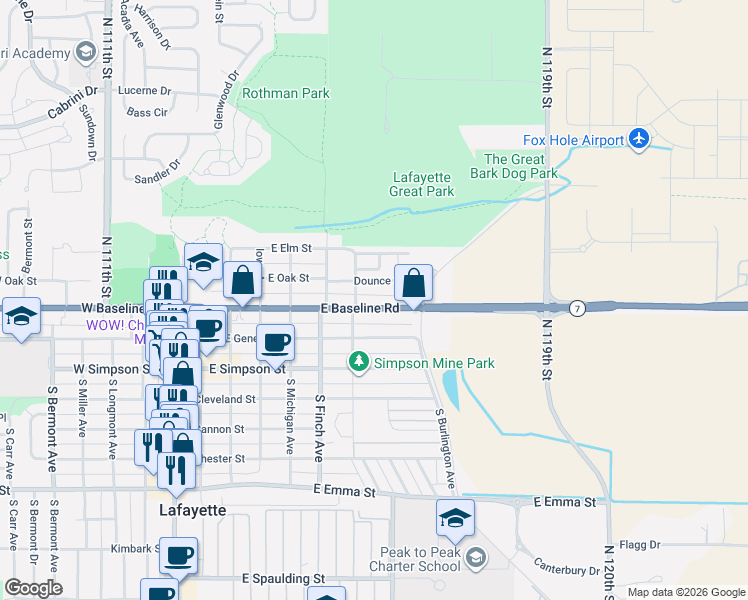 map of restaurants, bars, coffee shops, grocery stores, and more near 300 Brooks Avenue in Lafayette