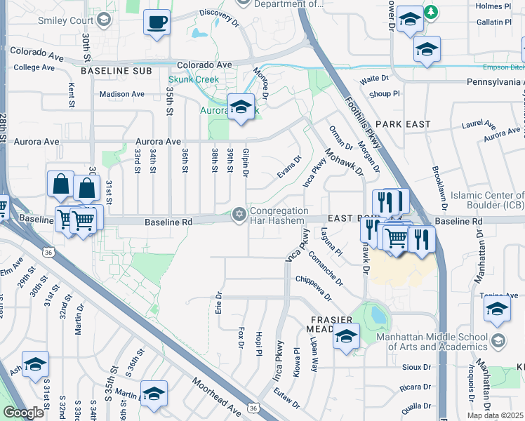 map of restaurants, bars, coffee shops, grocery stores, and more near 4035 Gilpin Drive in Boulder